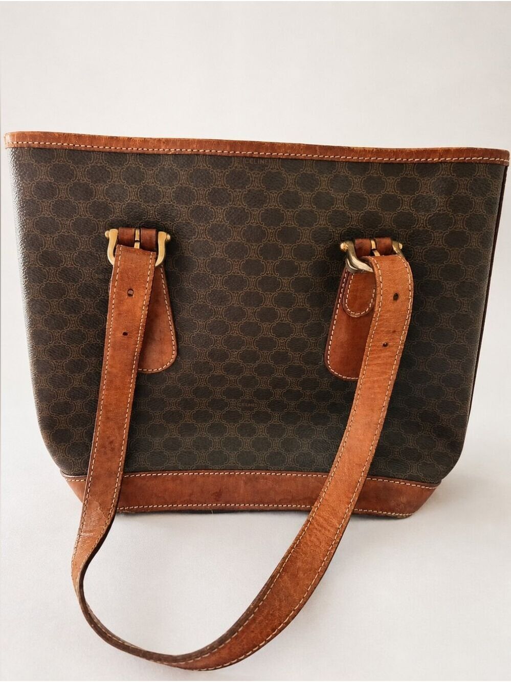 Vintage Celine Macadam Brown Leather Shoulder Tote Bag Made in Italy - Picture 2 of 16